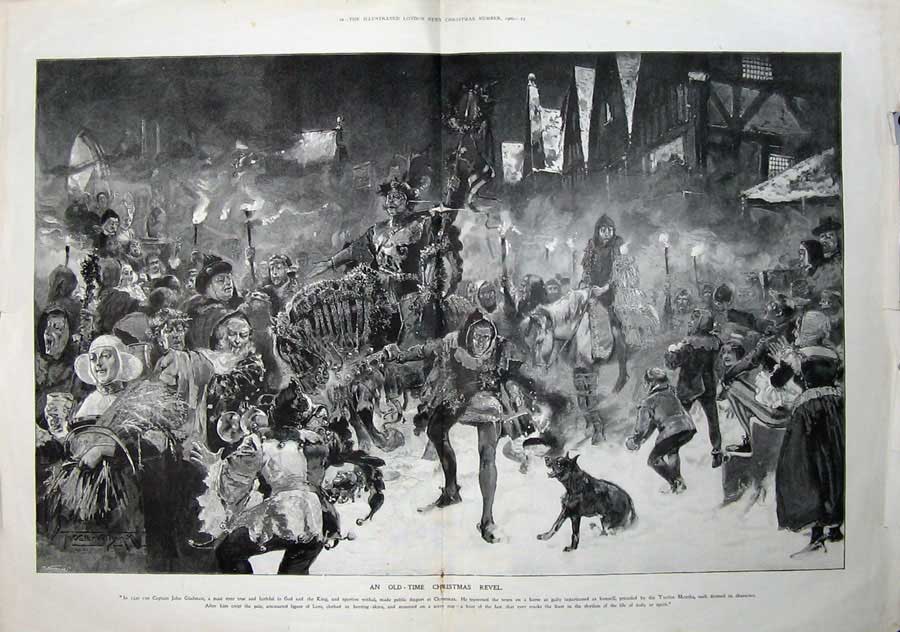 Old Antique Print 1900 Christmas Characters Street Snow Horse Dogs Art 20th