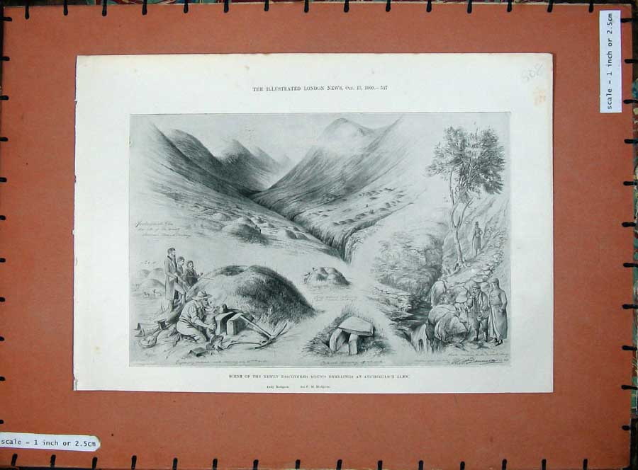 Original Old Antique Print 1900 Mound Dwellings Auchingaich Glen Lady Hodgson