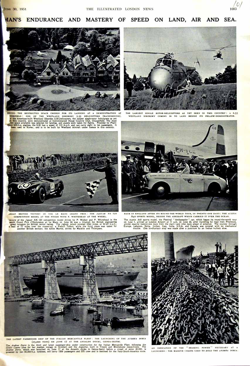 Old Vintage Print 1951 Passenger Ship Andrea Doria Helicopter Motor Car 20th