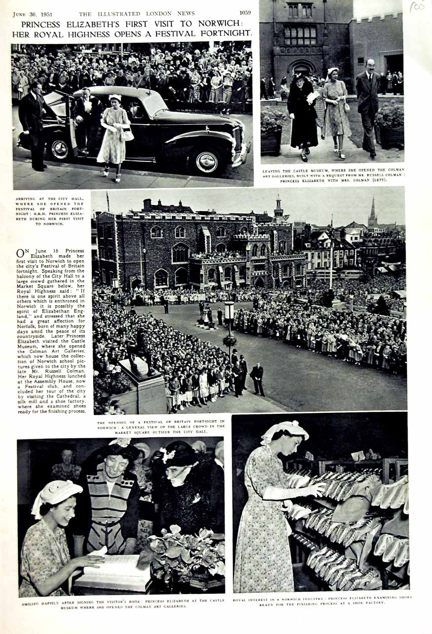 Original Old Vintage Print 1951 Princess Elizabeth Norwich Castle Museum Colman