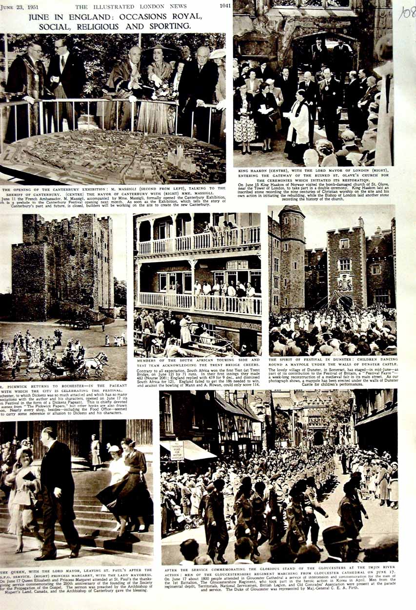 Old Vintage Print 1951 England Queen King Haakon Rochester Dunster Castle 20th