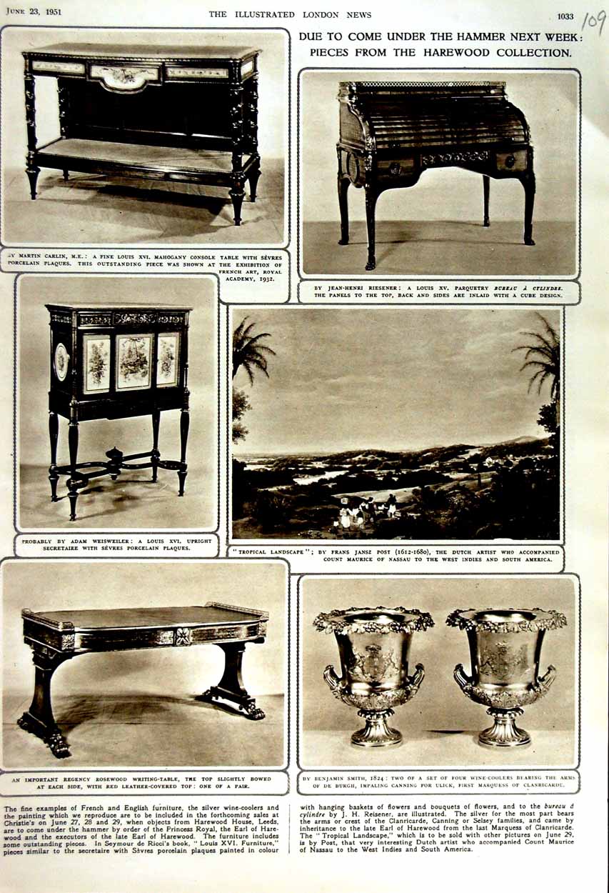Original Old Vintage Print 1951 Harewood Furniture Auction Wine-Coolers Table