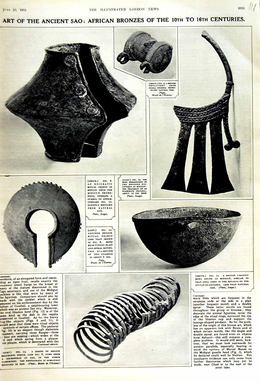 Old Vintage Print 1951 African Bronzes Bowl Midigue Archaeology Objects 20th