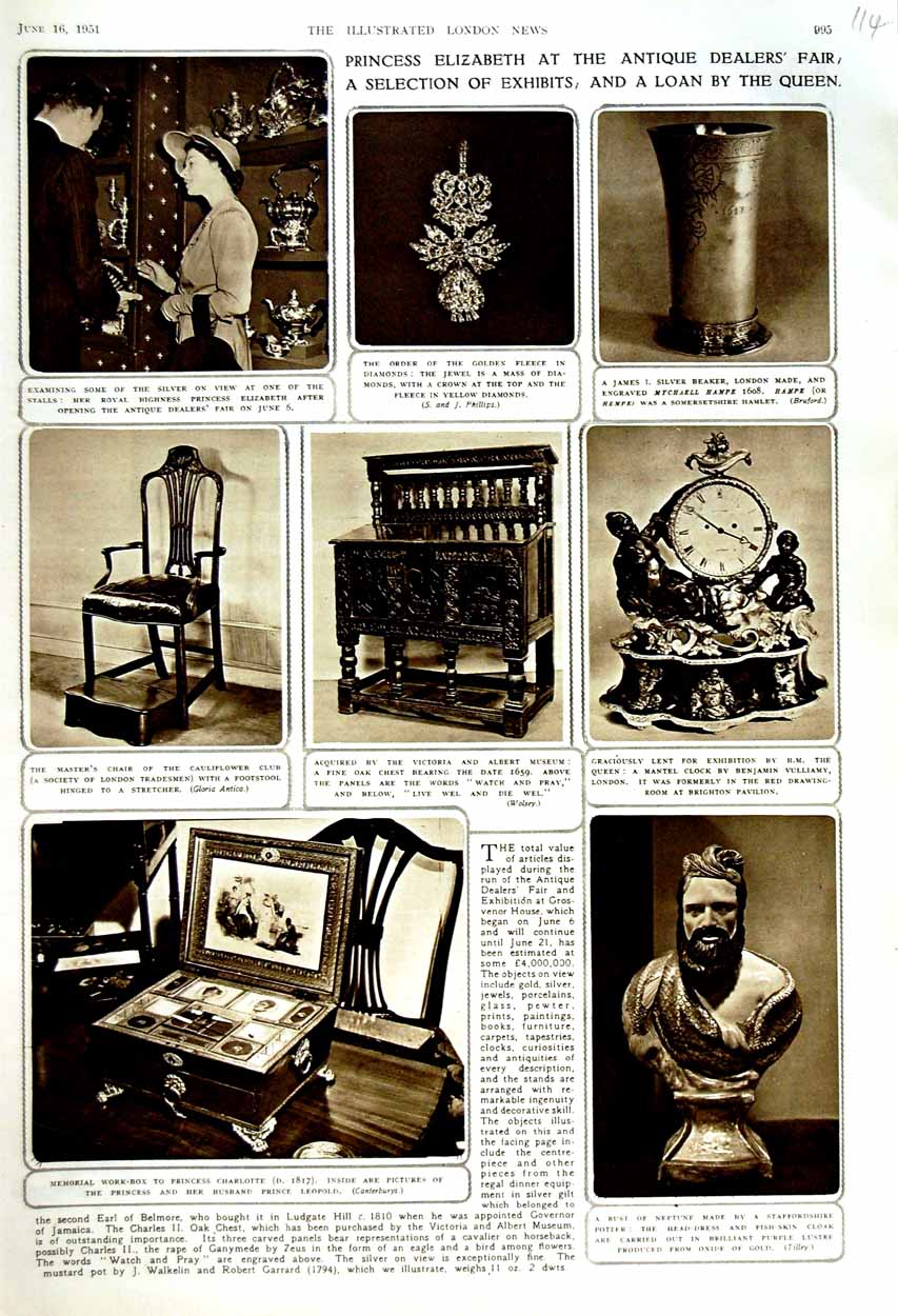 Old Vintage Print 1951 Princess Elizabeth Bust Neptune Charlotte Museum 20th