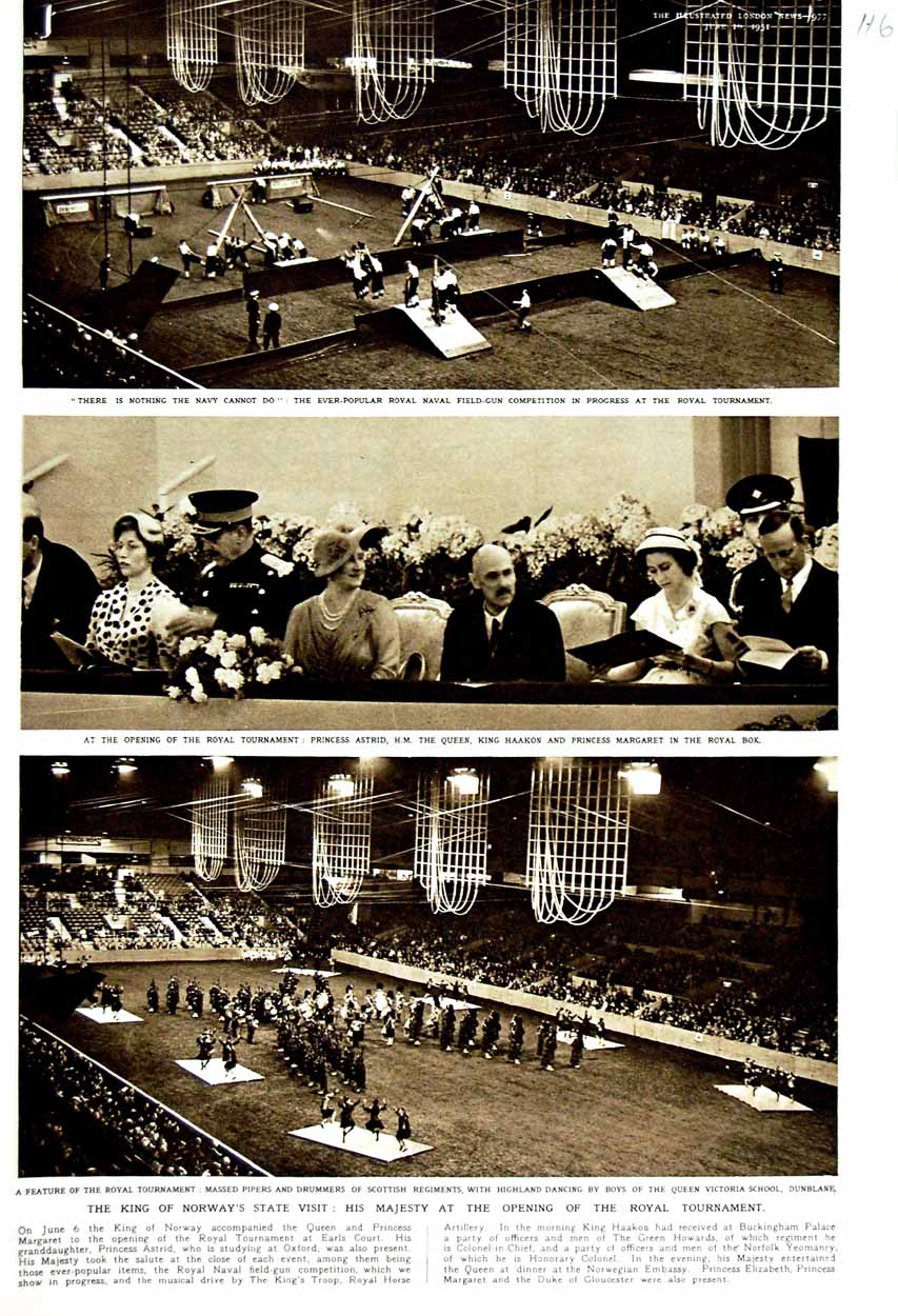 Old Vintage Print 1951 King Norway Royal Tournament Pipers Dunblane Queen 20th