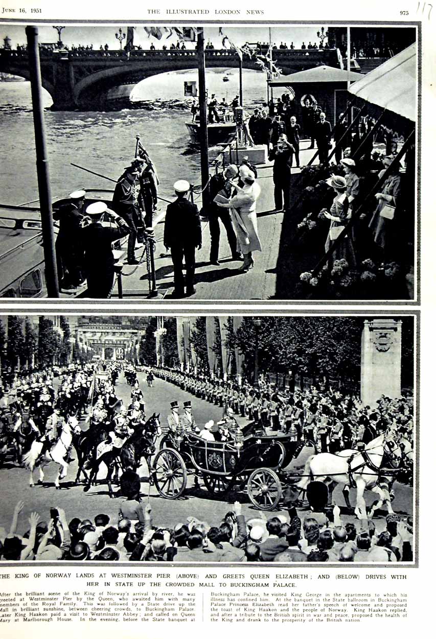 Old Vintage Print 1951 King Norway Westminster Queen Elizabeth Buckingham 20th