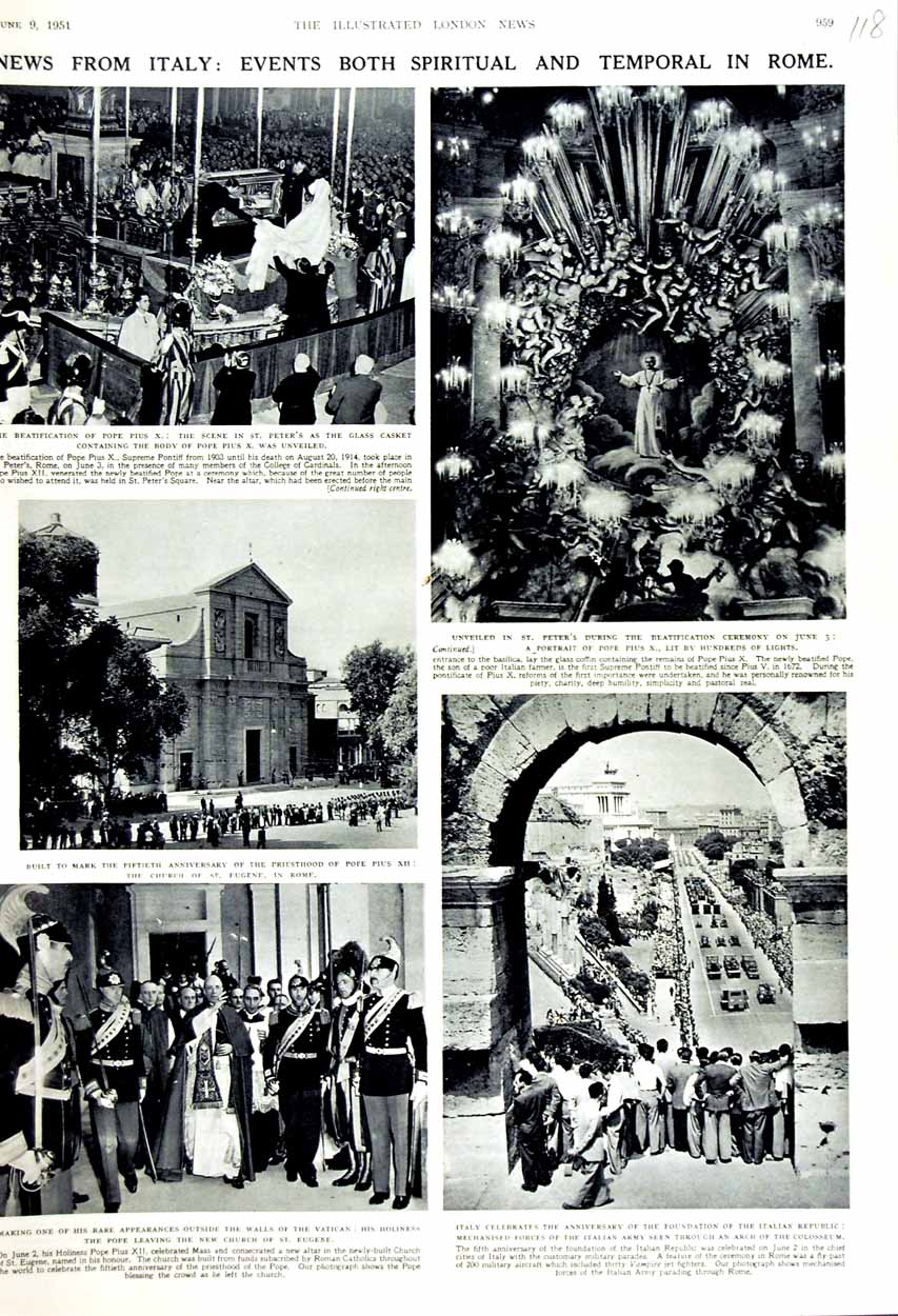 Old Vintage Print 1951 Pope Pius St. Peters Church Eugene Italy Colosseum 20th