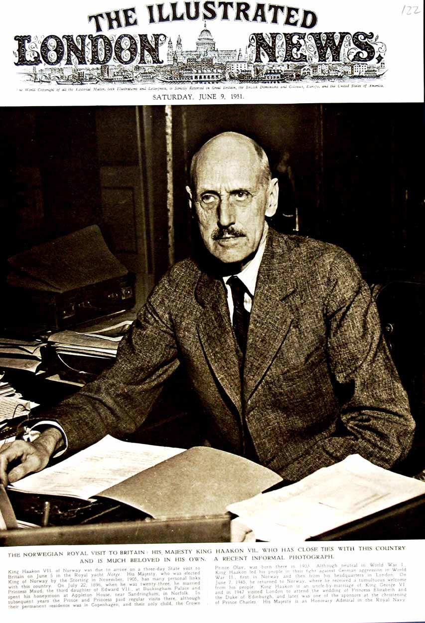 Original Old Vintage Print 1951 Portrait King Haakon Norway Royal Visit Britain