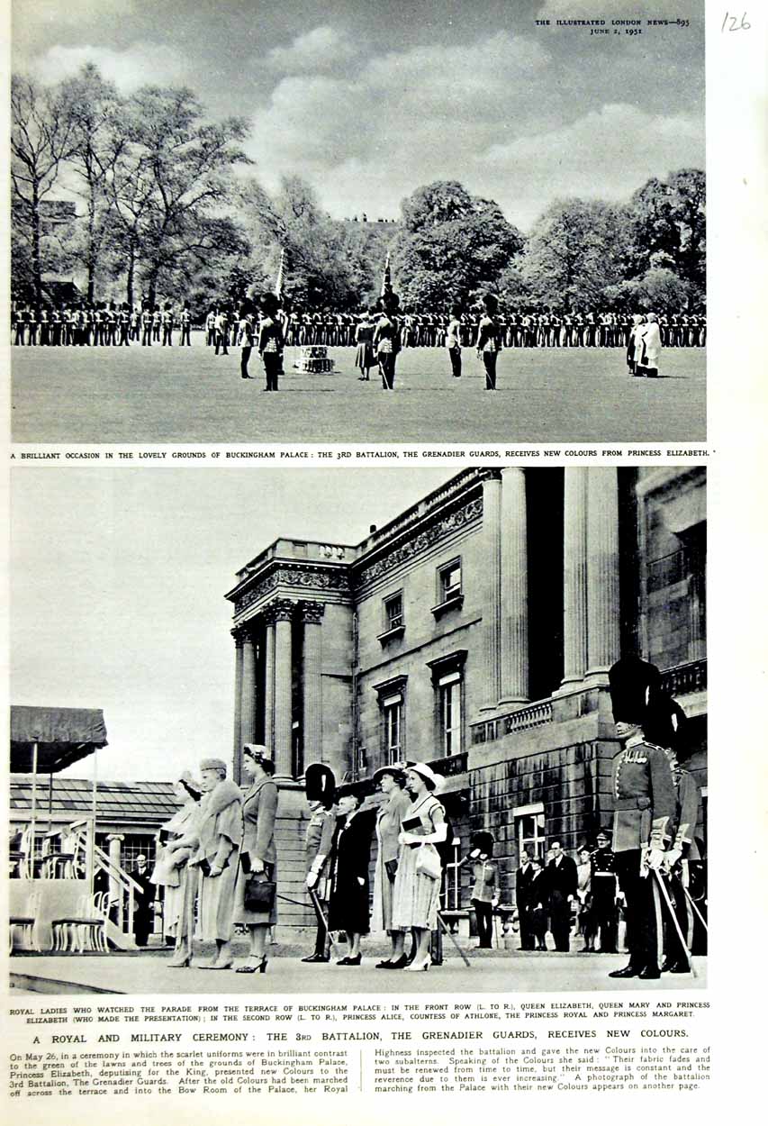 Original Old Vintage Print 1951 Royal Military Grenadier Guards Queen Elizabeth