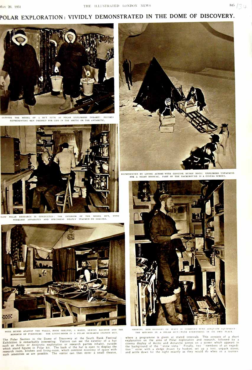 Old Vintage Print 1951 Polar Exhibition Dome Discovery Husky Dogs Bivouac 20th