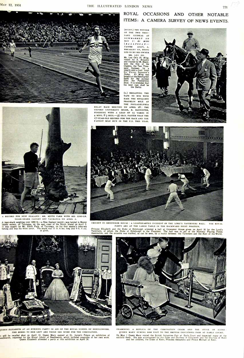 Old Vintage Print 1951 Bannister Athletics Queen Elizabeth Mary Cricket 20th