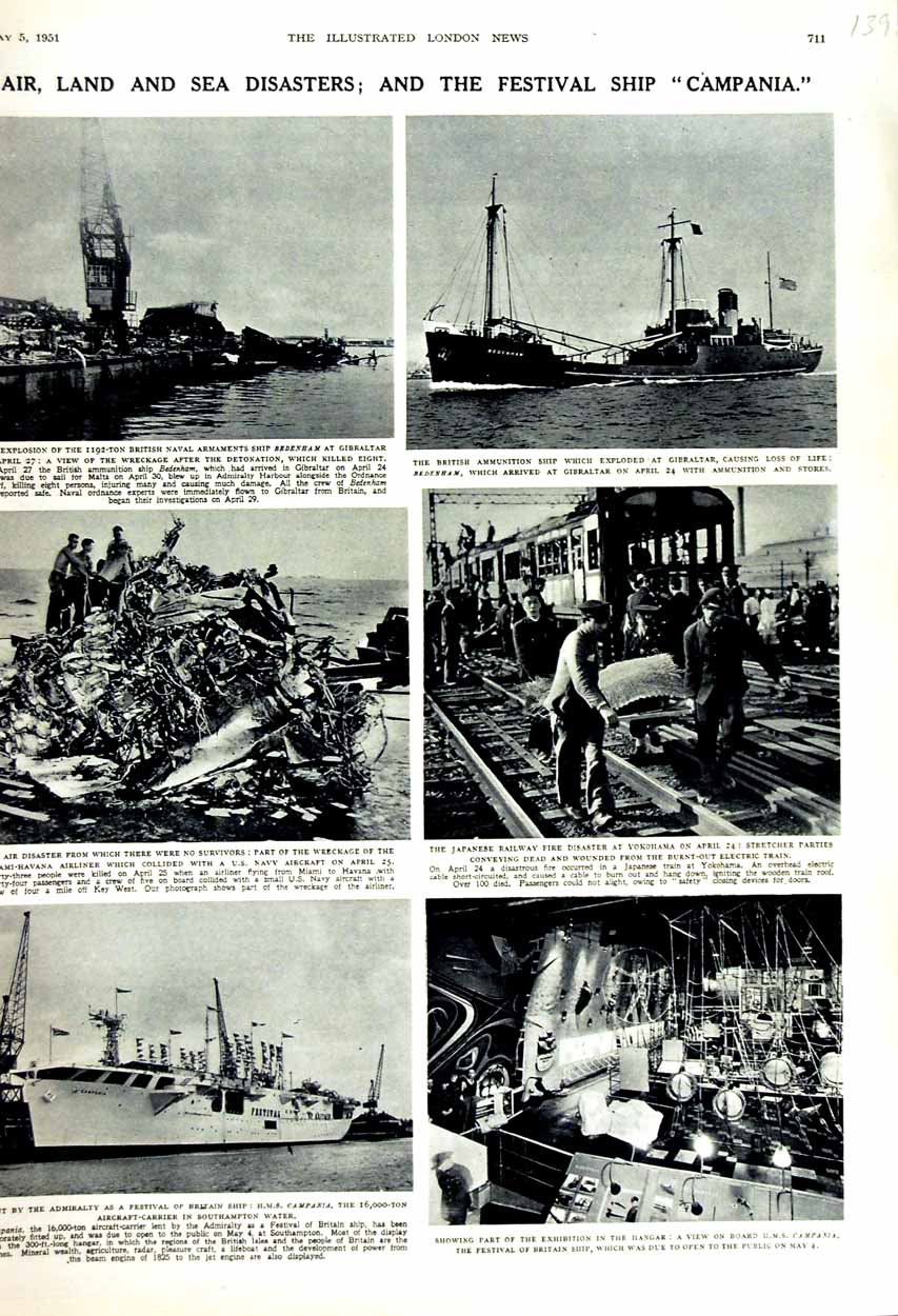 Original Old Vintage Print 1951 British Ship Campania Japanese Railway Bedenham