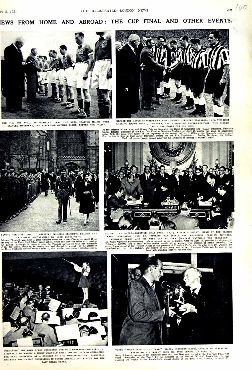 Original Old Vintage Print 1951 Football Cup Final Wembley Princess Elizabeth