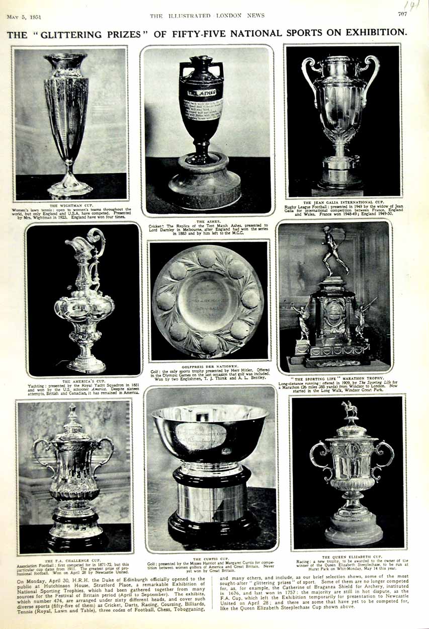 Old Vintage Print 1951 Sport Wightman Cup Ashes Galia Curtis Queen Trophy 20th