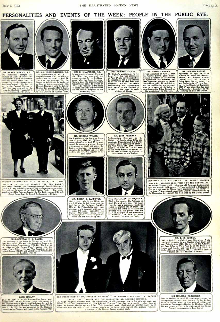 Original Old Vintage Print 1951 British People Shawcross HarWilson Hancock 20th