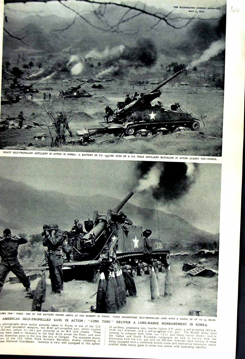 Original Old Vintage Print 1951 American Self-Propelled Guns Korea War Chinese