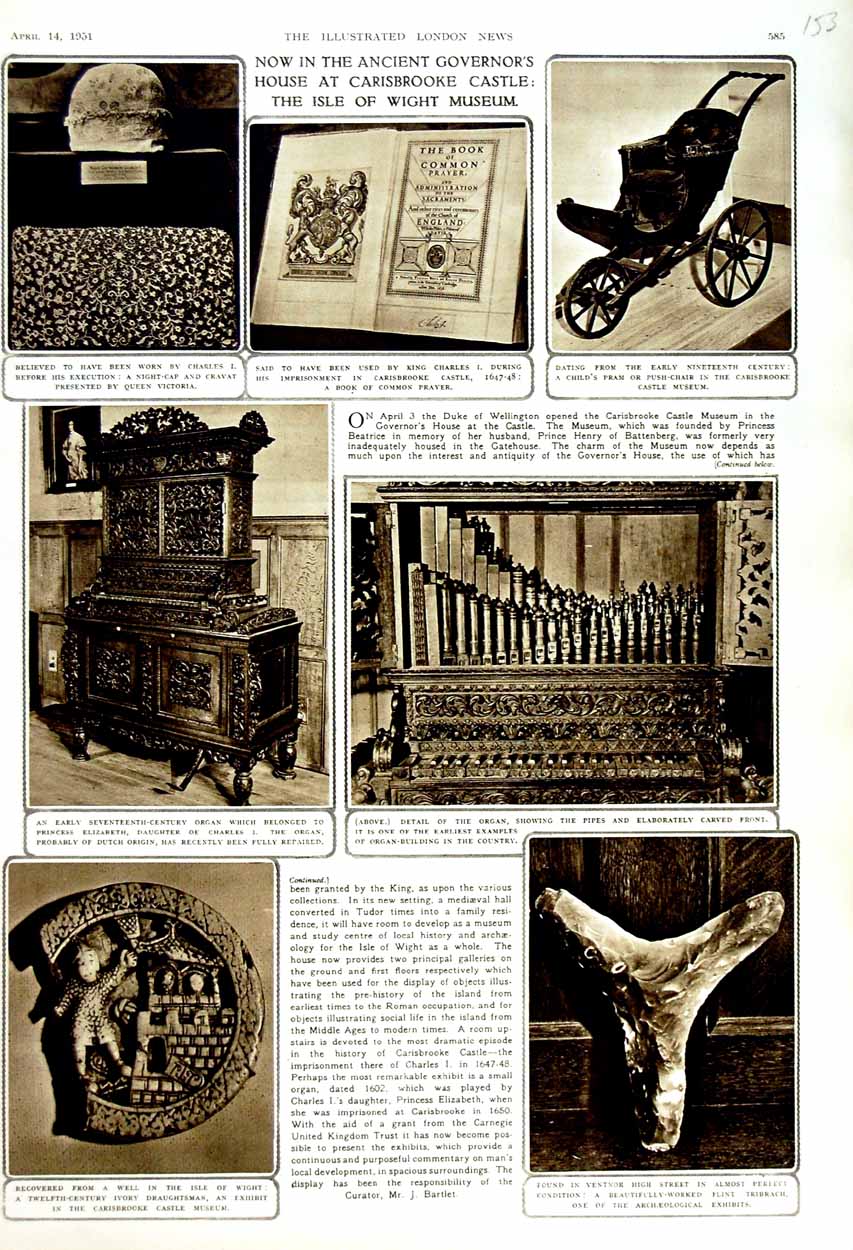 Old Vintage Print 1951 Isle Wight Museum Carisbrooke Archaeology Exhibits 20th