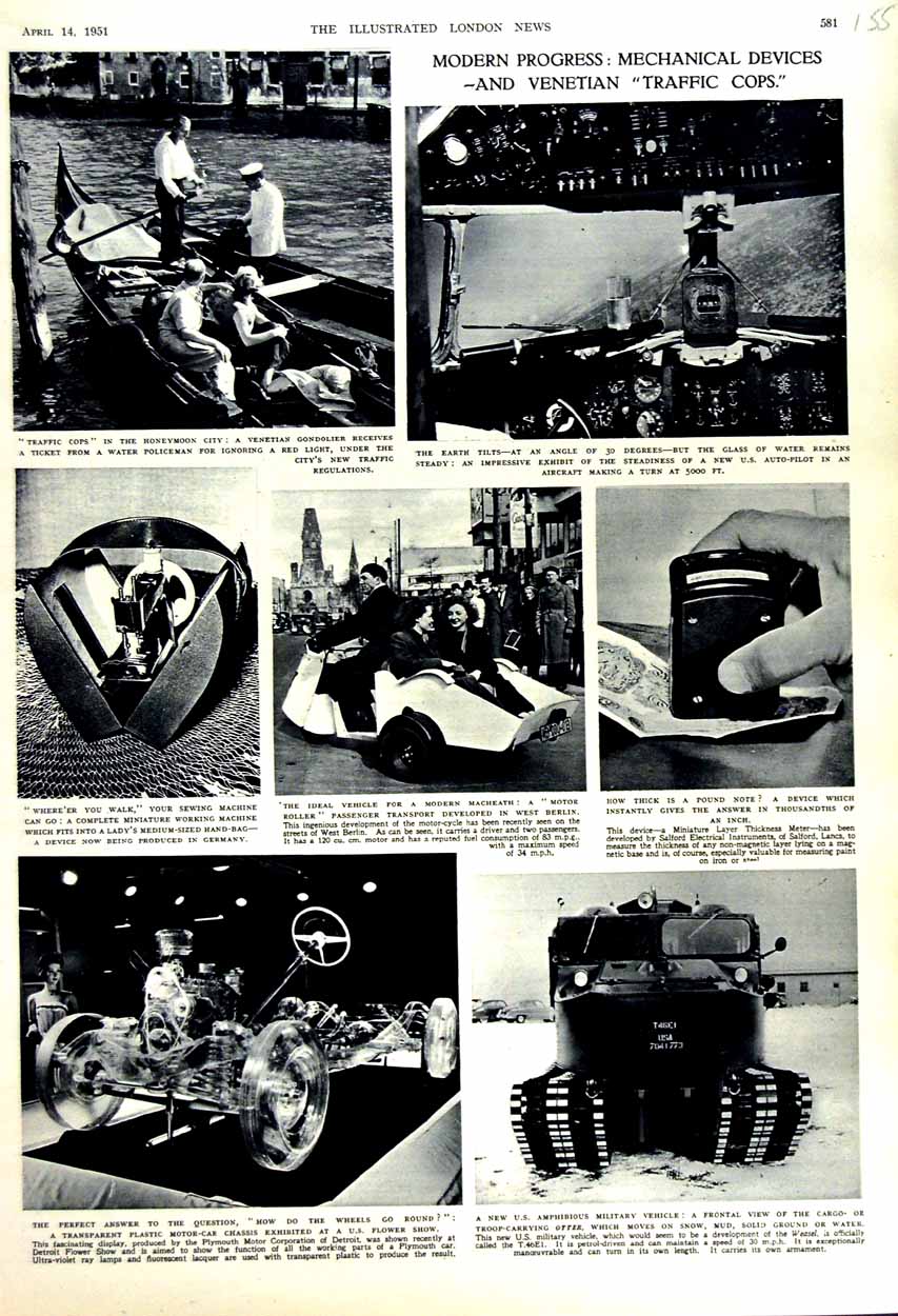 Old Vintage Print 1951 Traffic Cops Venetian Gondalier Motor Car Tank U.S 20th