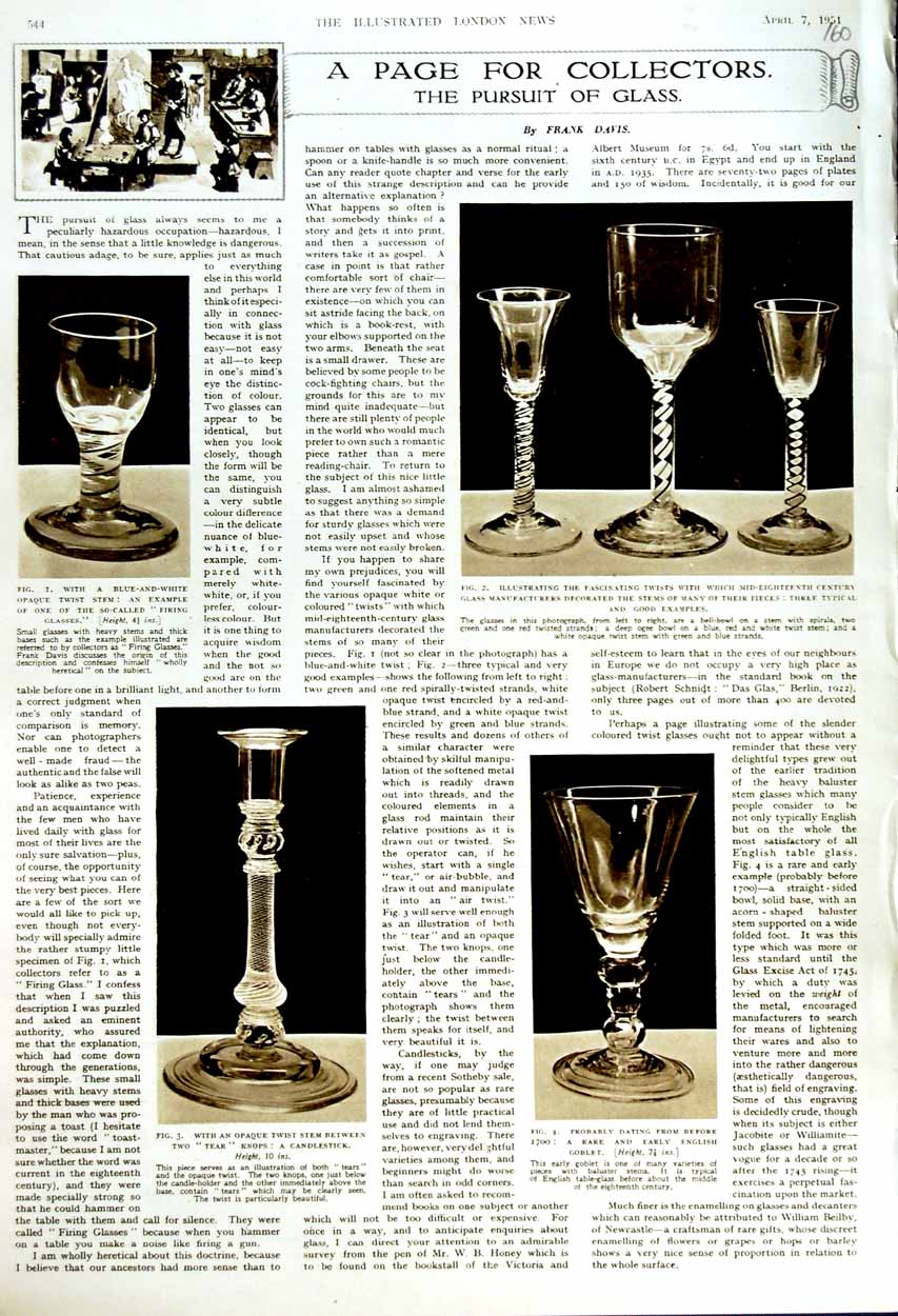 Old Vintage Print 1951 Glass Collections Candlestick Goblet Glasses Davis 20th