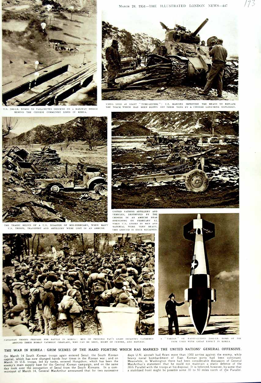 Original Old Vintage Print 1951 War Korea Canadian Siers Marines Tank U.N 20th