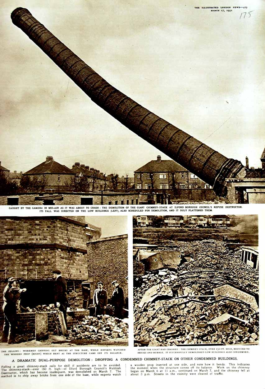 Old Vintage Print 1951 Demolition Chimney Stack Illford Borough Council 20th