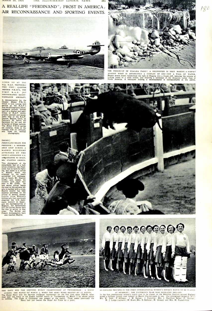 Old Vintage Print 1951 Rugby Twickenham Womens Hockey Bull-Fight Aircraft 20th