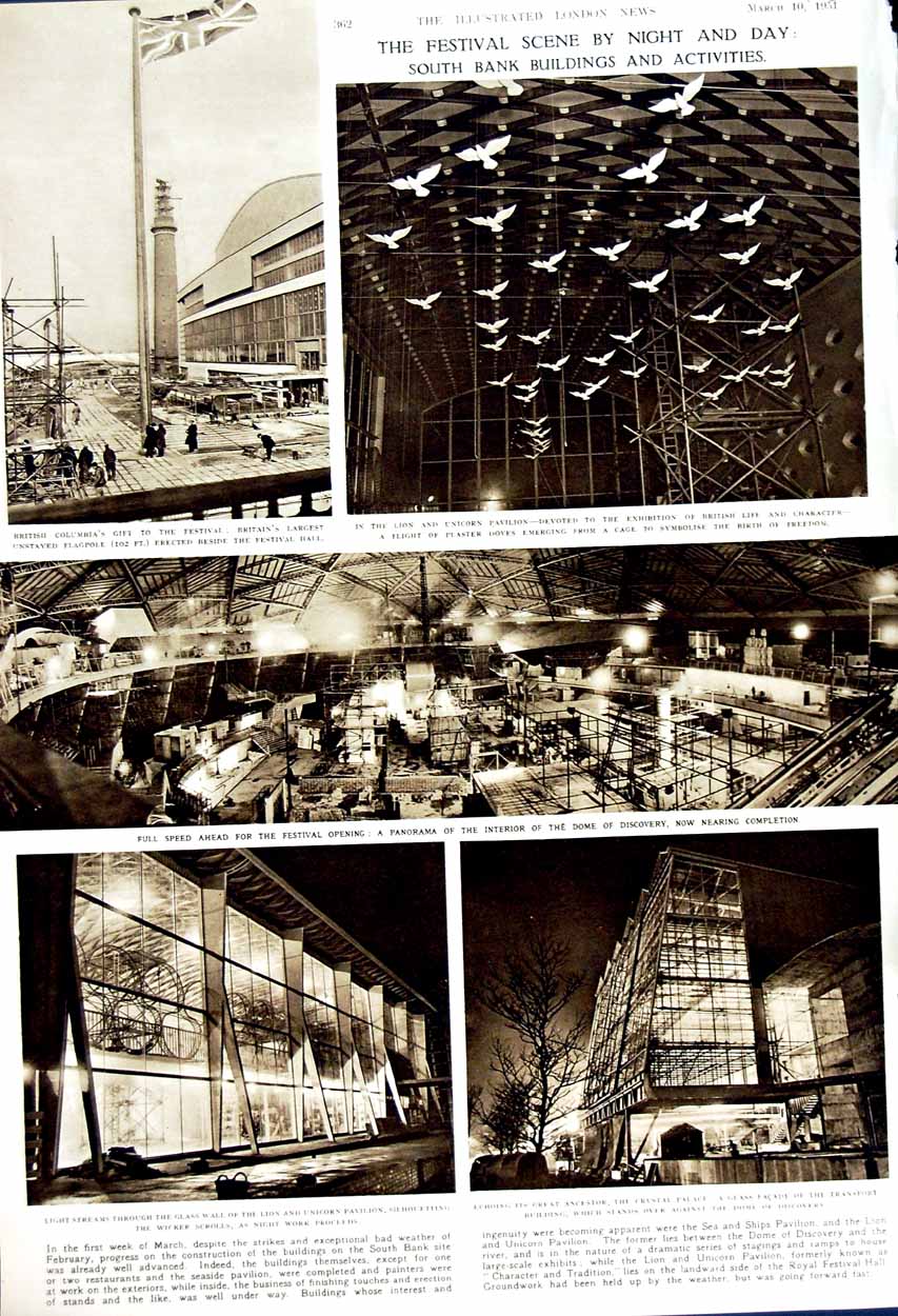 Old Vintage Print 1951 South Bank Buildings Festival Hall Dome Discovery 20th