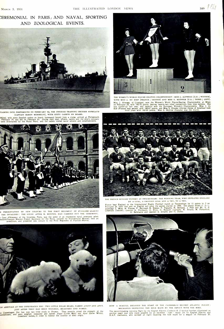 Old Vintage Print 1951 Swedish Training Ship Sport Rugby Skating Altwegg 20th
