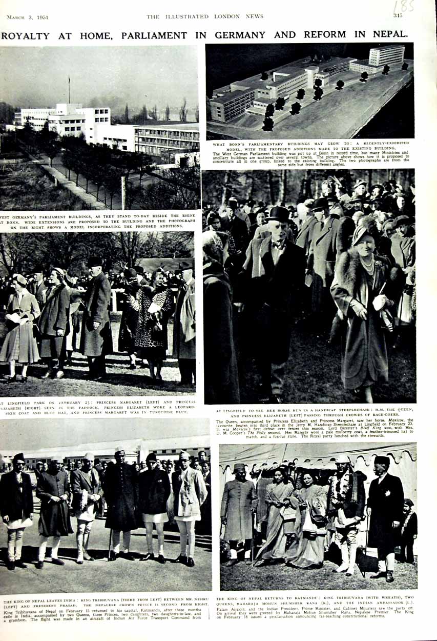 Old Vintage Print 1951 King Nepal Queen Princess Elizabeth Margaret Bonn 20th