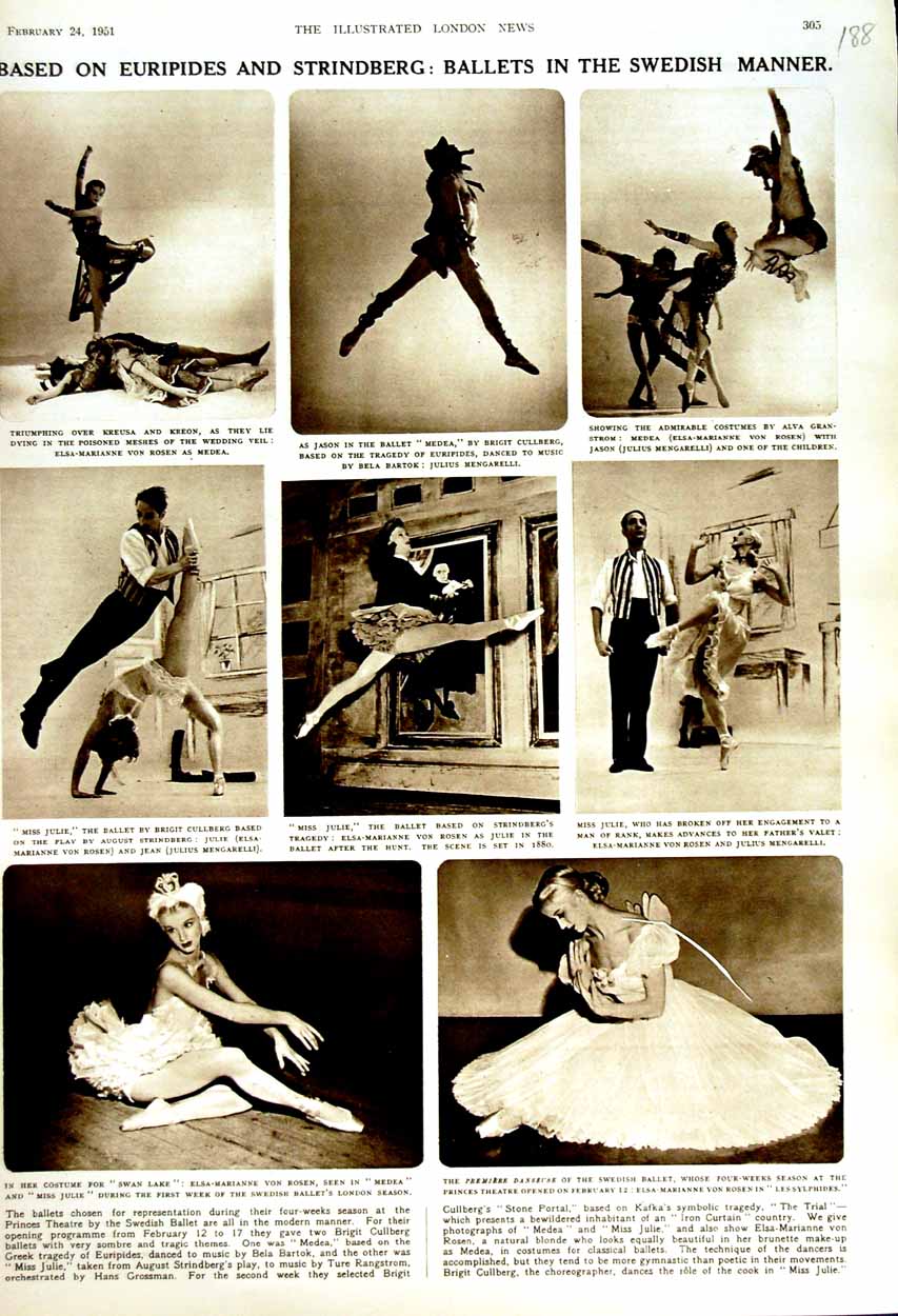 Old Vintage Print 1951 Ballet Swan Lake Elsa-Marianne Julie Medea Bartok 20th
