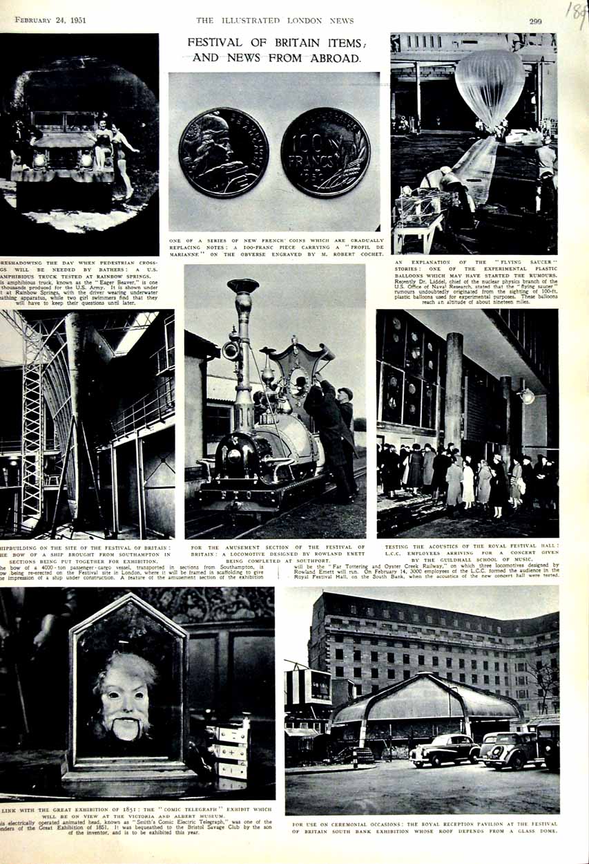 Old Vintage Print 1951 Festival Coins Locomotive Train Ship Southampton 20th