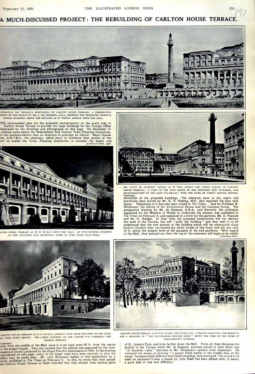 Original Old Vintage Print 1951 Carlton House Terrace Building Architecture