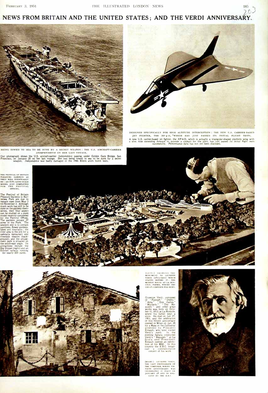 Old Vintage Print 1951 Aircraft Carrier Ship Independence War Jet Verdi 20th