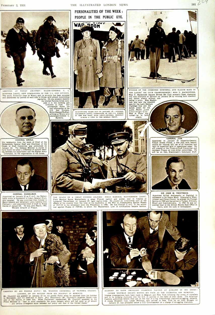 Old Vintage Print 1951 British People Churchill Weitman Mannerheim Kruls 20th