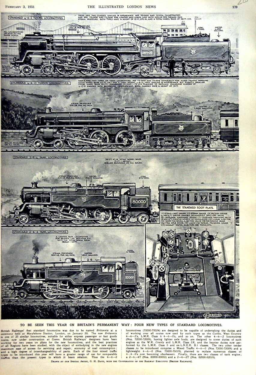 Old Vintage Print 1951 British Standard Locomotives Train Permanent Way 20th