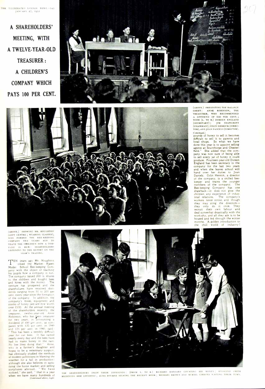 Original Old Vintage Print 1951 School Children Houghton Hansard Alma Bourne