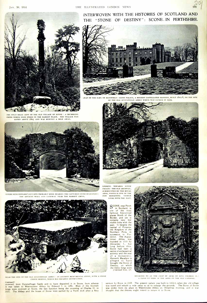 Old Vintage Print 1951 Scone Perthshire Cross Augustinian Abbey Mansfield 20th