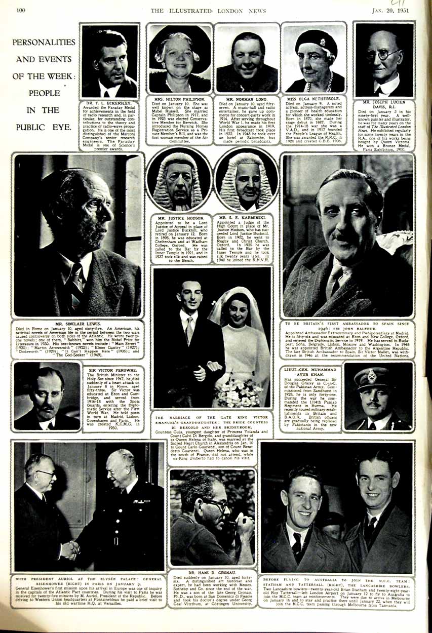 Old Vintage Print 1951 British People Balfour Lucien Lewis Auriol Gronau 20th