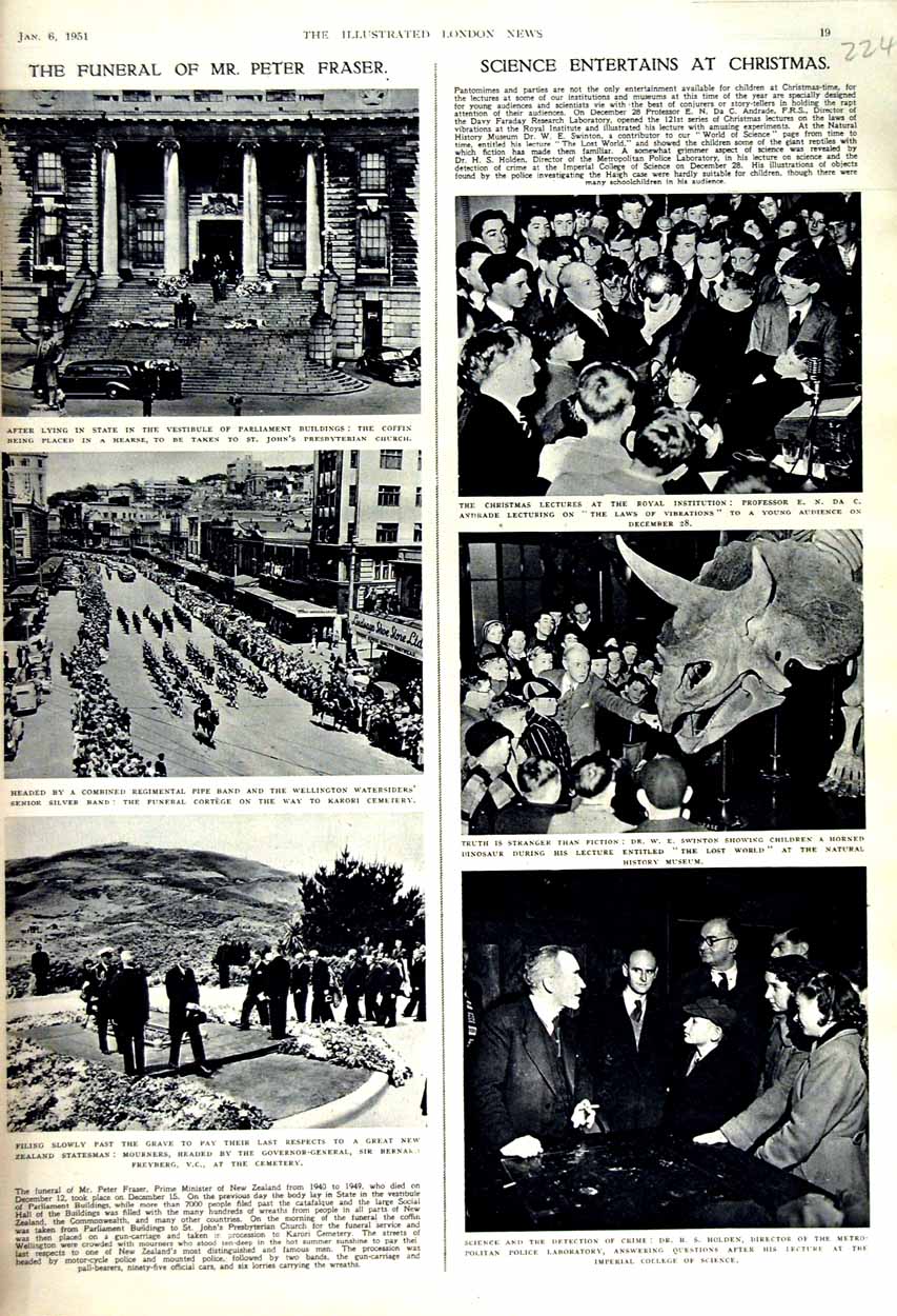 Original Old Vintage Print 1951 Funeral Peter Fraser Science Dinosaur Andrade