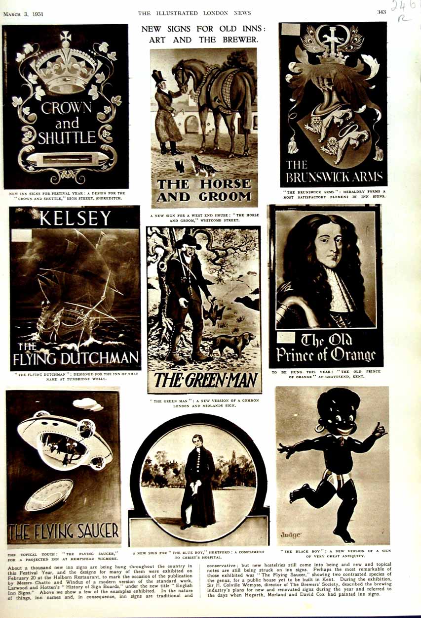 Antique Old Print 1951 Signs Inns Brewer Green Man Gide Street Keller Men 20th