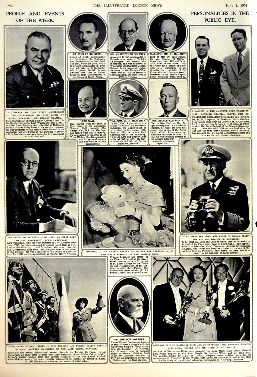Antique Old Print 1951 Princess Elizabeth Glasgow Festival Blamey Koerner 20th