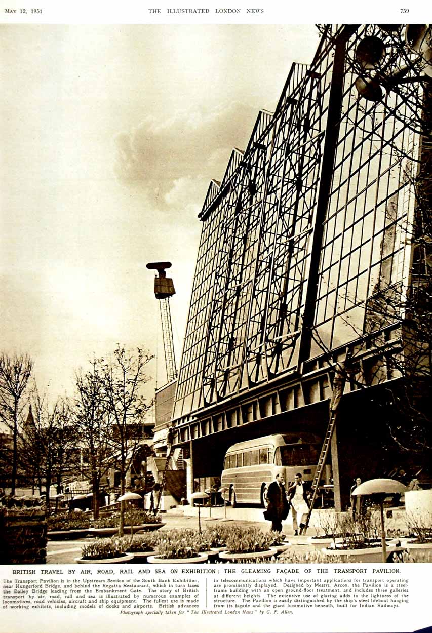 Antique Old Print 1951 Fountains London Big Ben Transport Pavilion Faáade 20th