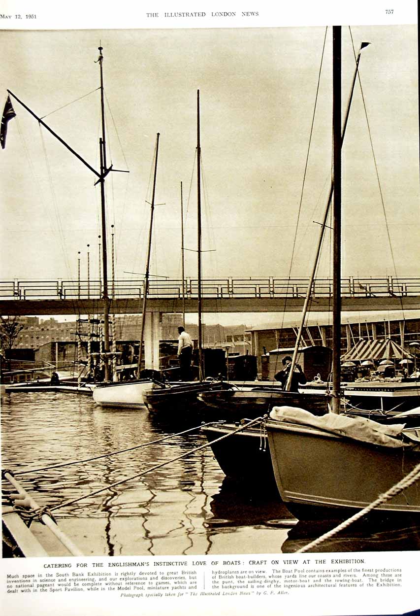 Old Vintage Print 1951 Telecinema Pavilion London Boats Bank Exhibition 20th