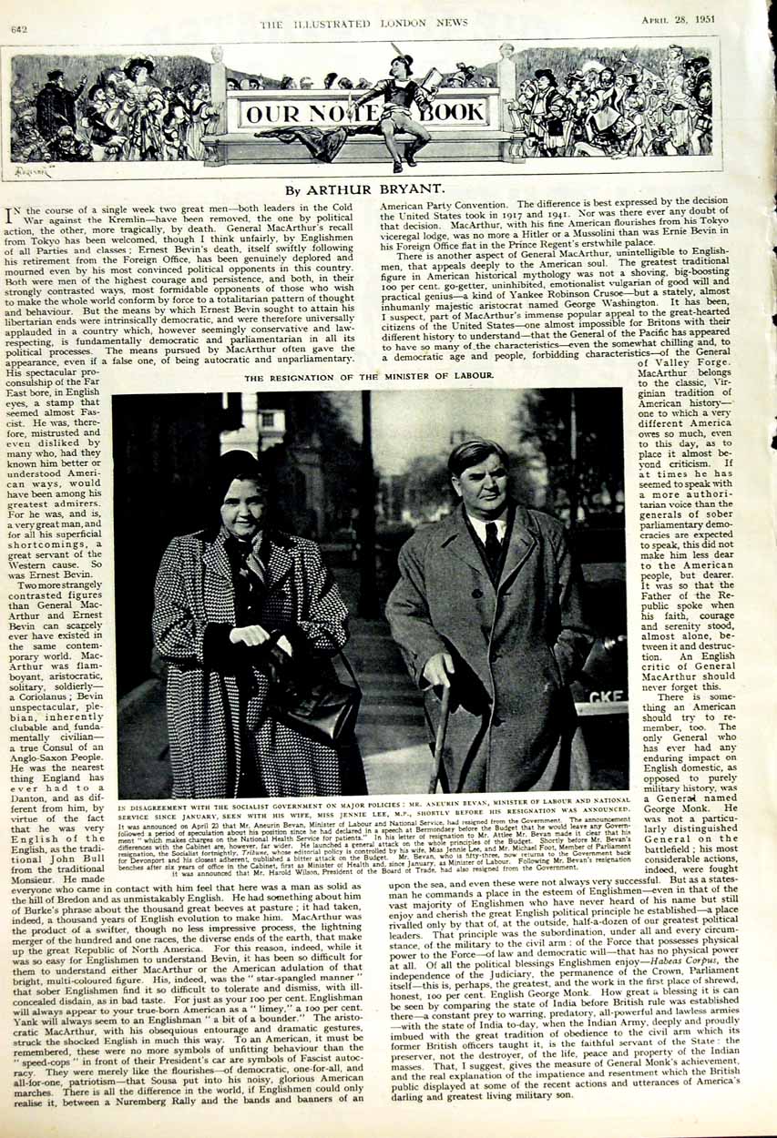 Old Vintage Print 1951 General Macarthur New York America Bevan Jennie 20th