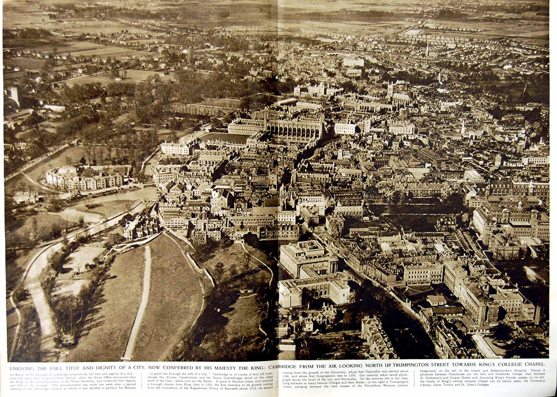 Old Vintage Print 1951 Aerial View Cambridge Trumpington Street College 20th