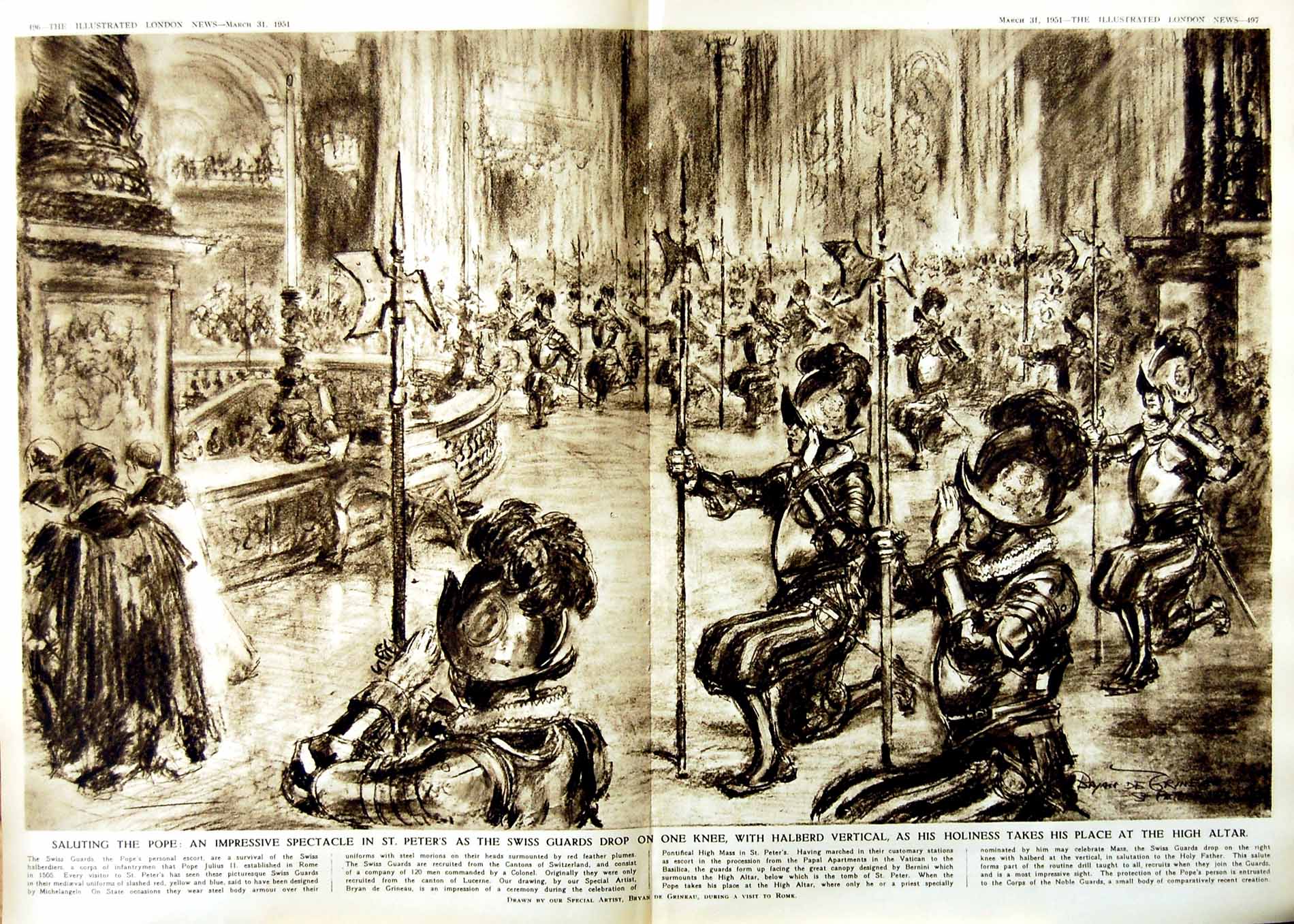 Antique Old Print 1951 St. Peters Cathedral Swiis Guards Pope Julius Rome 20th