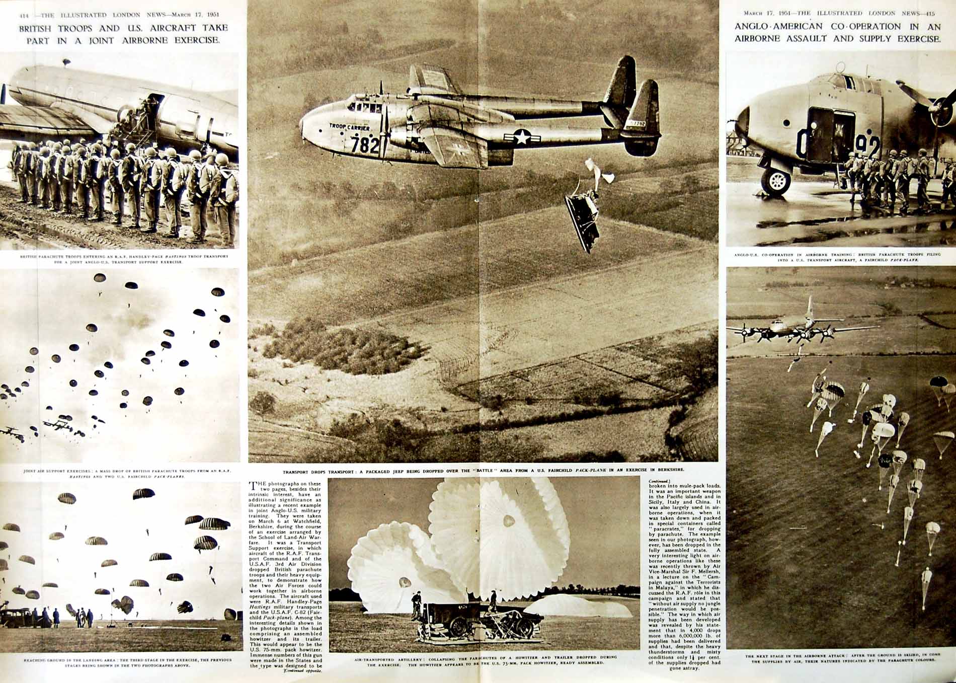 Original Old Vintage Print 1951 British Siers U.S Aircraft Howtizer Parachute