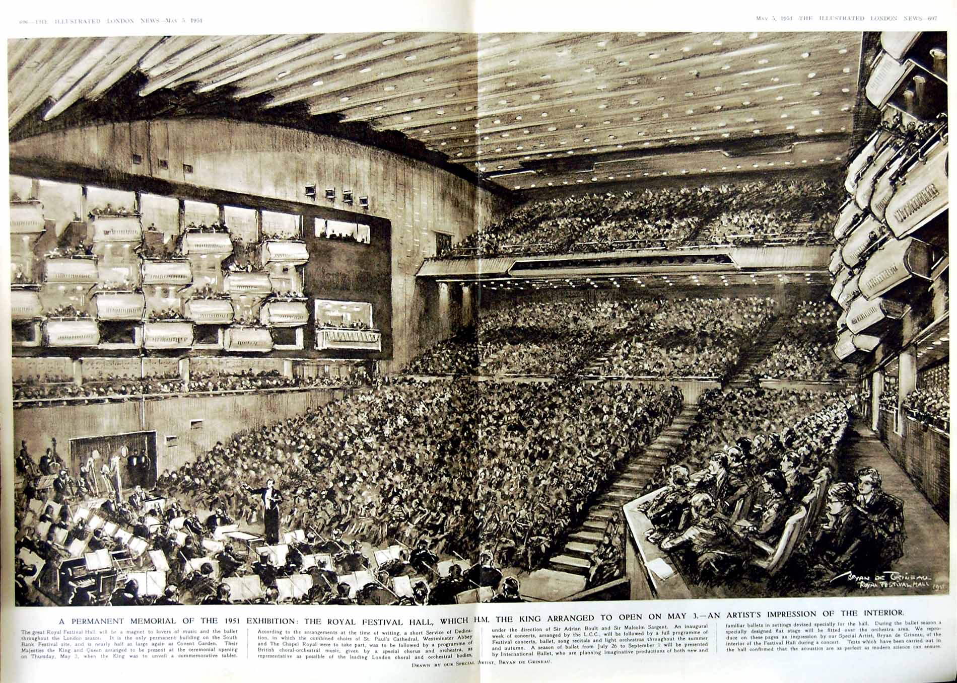 Old Vintage Print 1951 Royal Festival Hall King Music Mechanical Galatea 20th