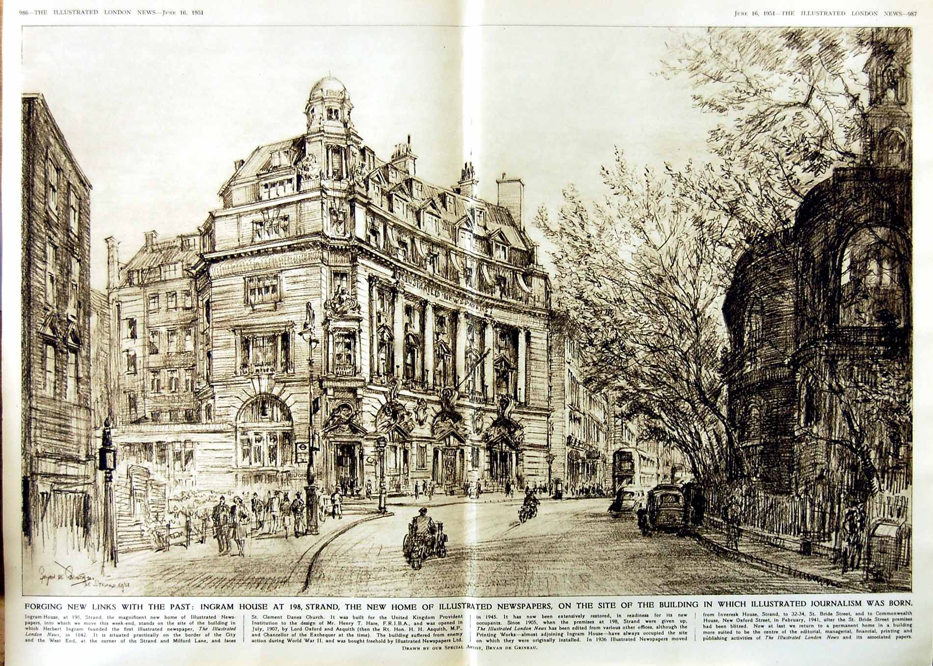 Old Vintage Print 1951 Ingram House Strand London News Journalism Horses 20th