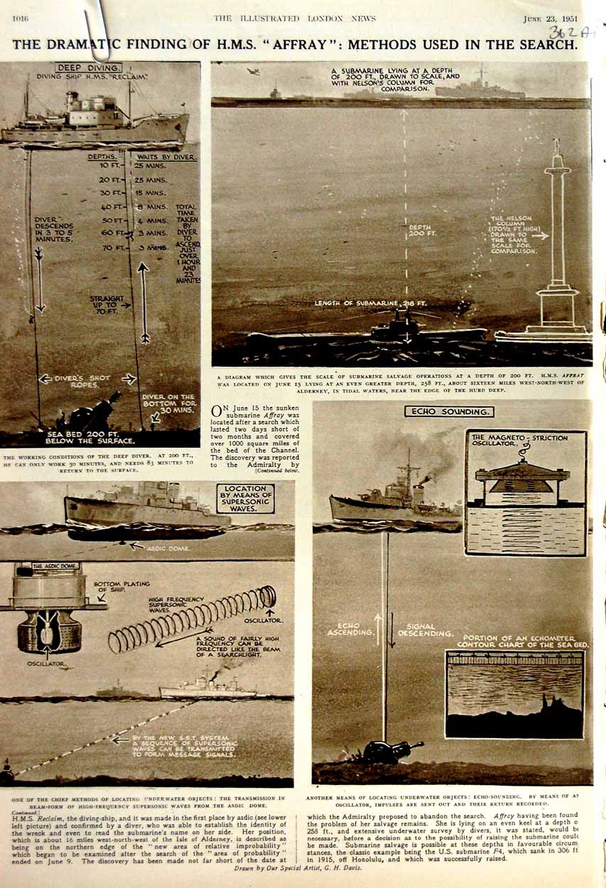 Original Old Vintage Print 1951 Affray Ship Submarine Supersonic Waves Public